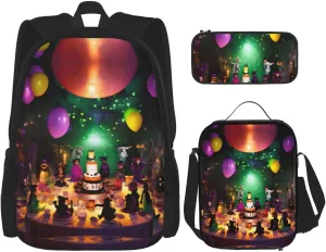 Halloween Party Print Travel Backpack For Women 3-Piece Set With Insulated Lunch Box,For Outdoor Travel