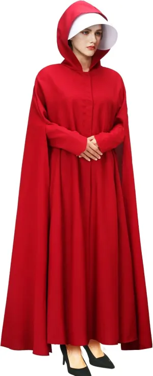 Handmaid Offred Cosplay Costume Outfit,Women Red Hooded Cape Cloak with White Bonnet for Halloween Party