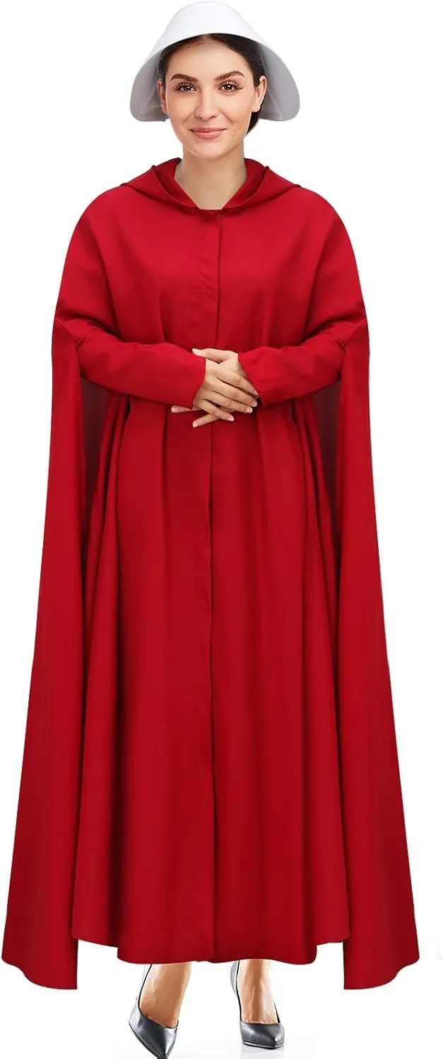 Handmaid Offred Cosplay Costume Outfit,Women Red Hooded Cape Cloak with White Bonnet for Halloween Party