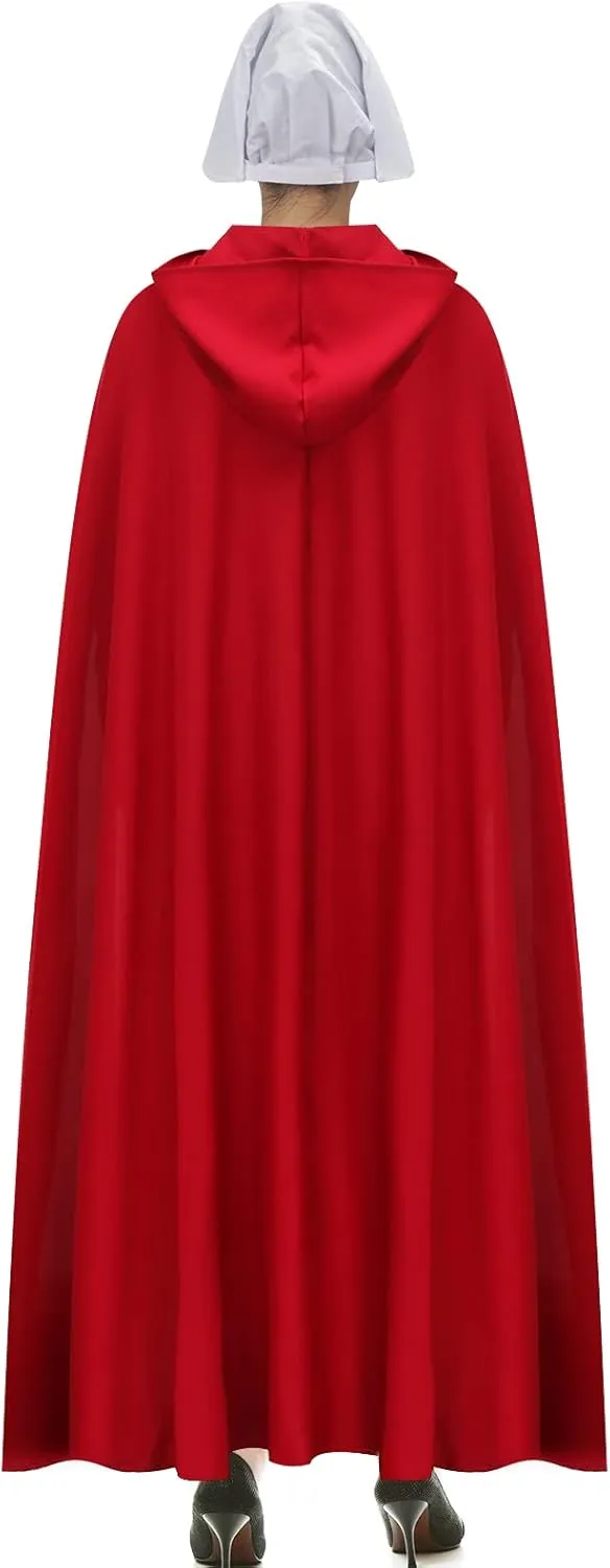 Handmaid Offred Cosplay Costume Outfit,Women Red Hooded Cape Cloak with White Bonnet for Halloween Party
