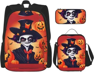 Happy Halloween Print Travel Backpack For Women 3-Piece Set With Insulated Lunch Box,For Outdoor Travel