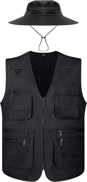 Janmercy 2 Pieces Men's Work Fishing Vest with Hat Lightweight Safari Travel Hunting Waistcoat With Multi Pockets Fishing Hat