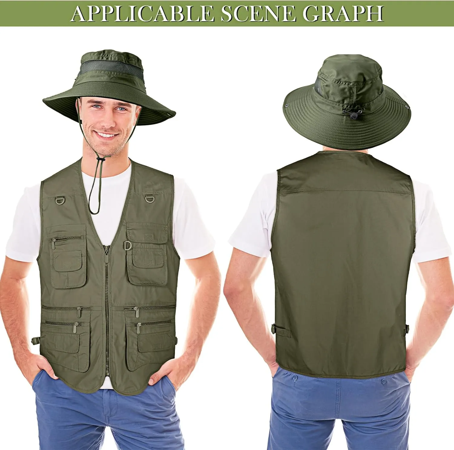 Janmercy 2 Pieces Men's Work Fishing Vest with Hat Lightweight Safari Travel Hunting Waistcoat With Multi Pockets Fishing Hat
