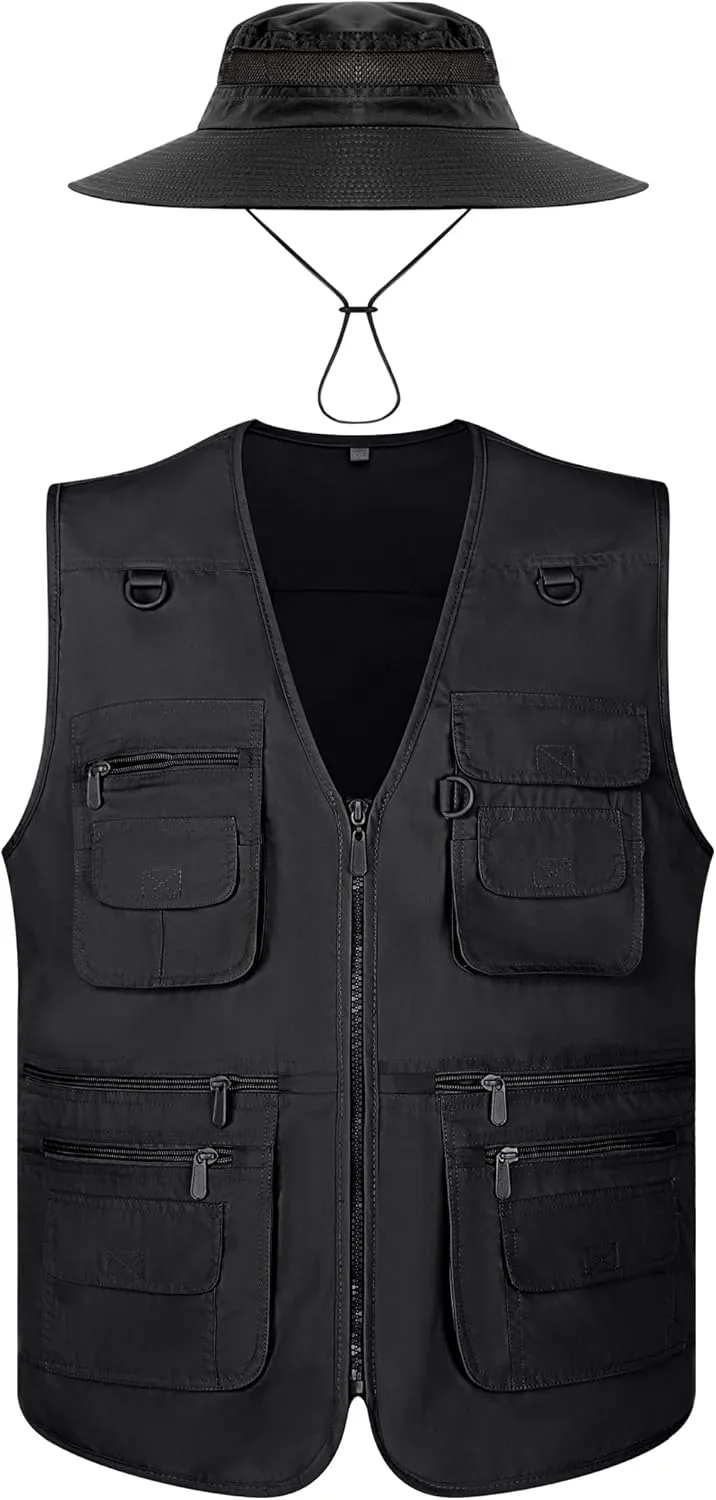 Janmercy 2 Pieces Men's Work Fishing Vest with Hat Lightweight Safari Travel Hunting Waistcoat With Multi Pockets Fishing Hat
