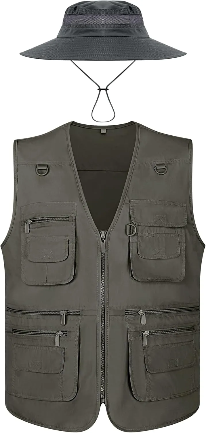 Janmercy 2 Pieces Men's Work Fishing Vest with Hat Lightweight Safari Travel Hunting Waistcoat With Multi Pockets Fishing Hat