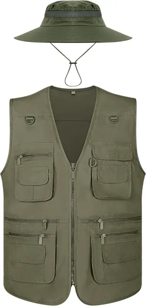 Janmercy 2 Pieces Men's Work Fishing Vest with Hat Lightweight Safari Travel Hunting Waistcoat With Multi Pockets Fishing Hat