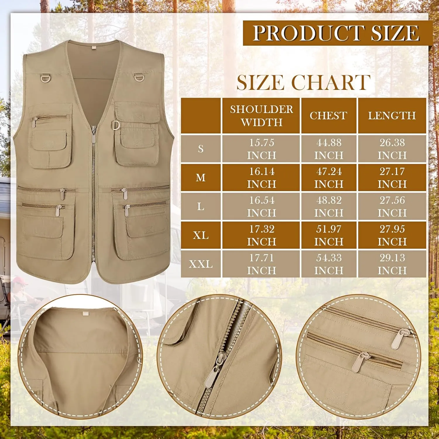 Janmercy 2 Pieces Men's Work Fishing Vest with Hat Lightweight Safari Travel Hunting Waistcoat With Multi Pockets Fishing Hat