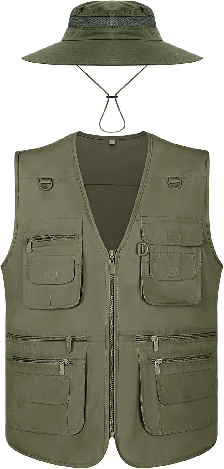 Janmercy 2 Pieces Men's Work Fishing Vest with Hat Lightweight Safari Travel Hunting Waistcoat With Multi Pockets Fishing Hat