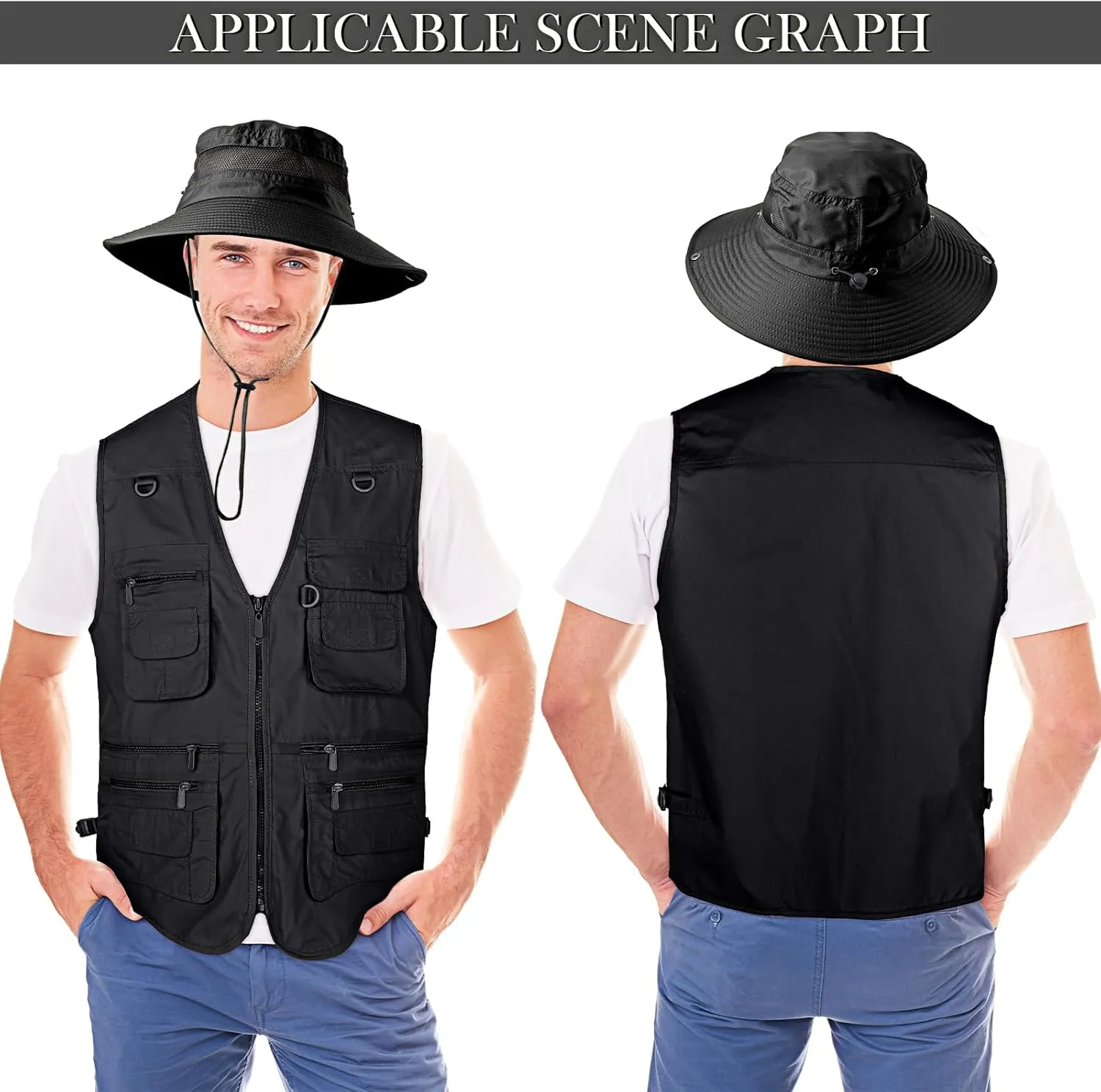 Janmercy 2 Pieces Men's Work Fishing Vest with Hat Lightweight Safari Travel Hunting Waistcoat With Multi Pockets Fishing Hat