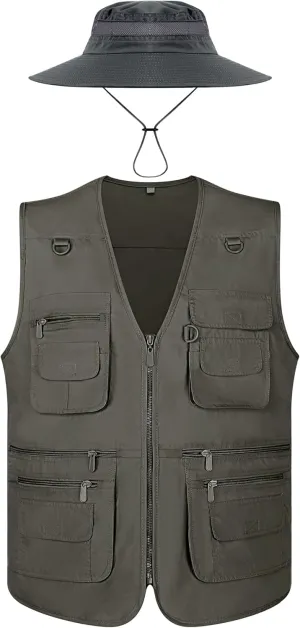 Janmercy 2 Pieces Men's Work Fishing Vest with Hat Lightweight Safari Travel Hunting Waistcoat With Multi Pockets Fishing Hat