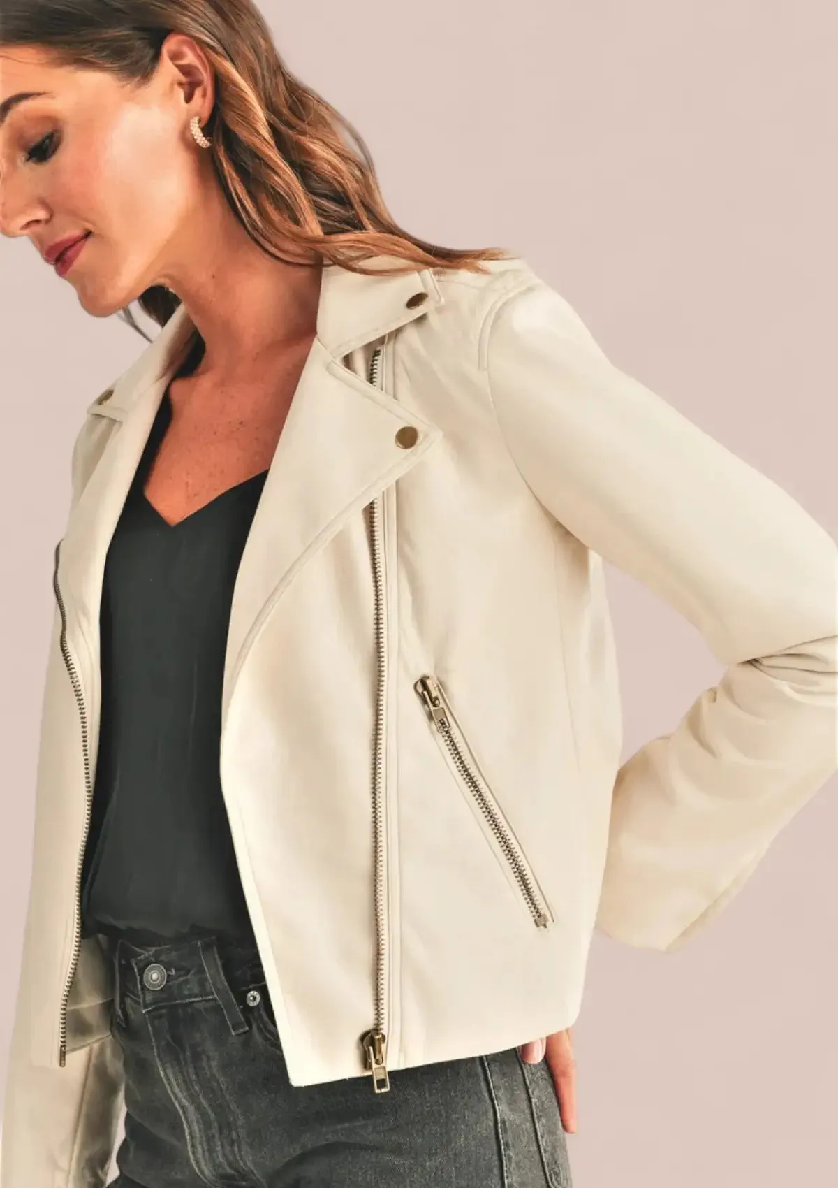 Juno Leather Bike Jacket - Cream