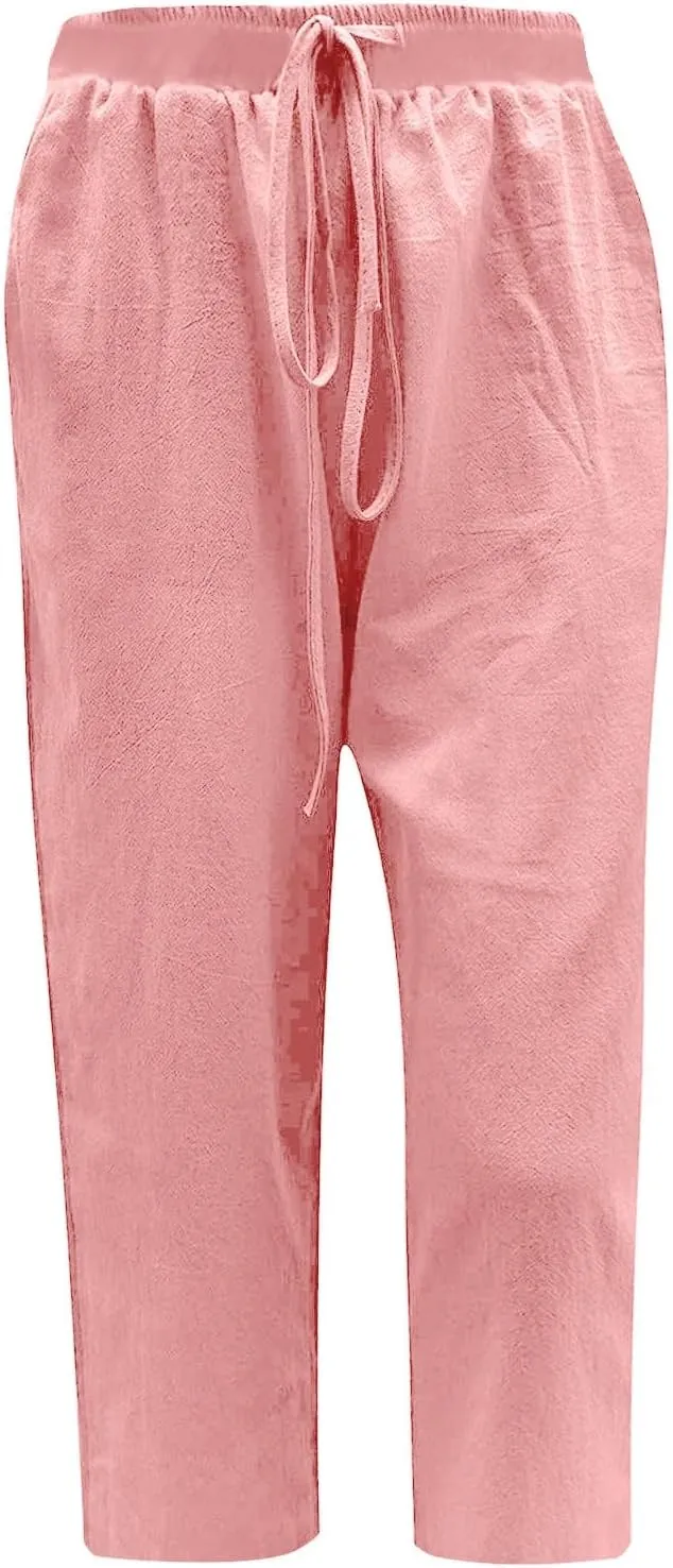 Lmdudan 2025 Women Plus Size Wide Leg Pants Summer Stretchy Drawstring Waist Workout Pants Casual Trousers Pants with Pockets