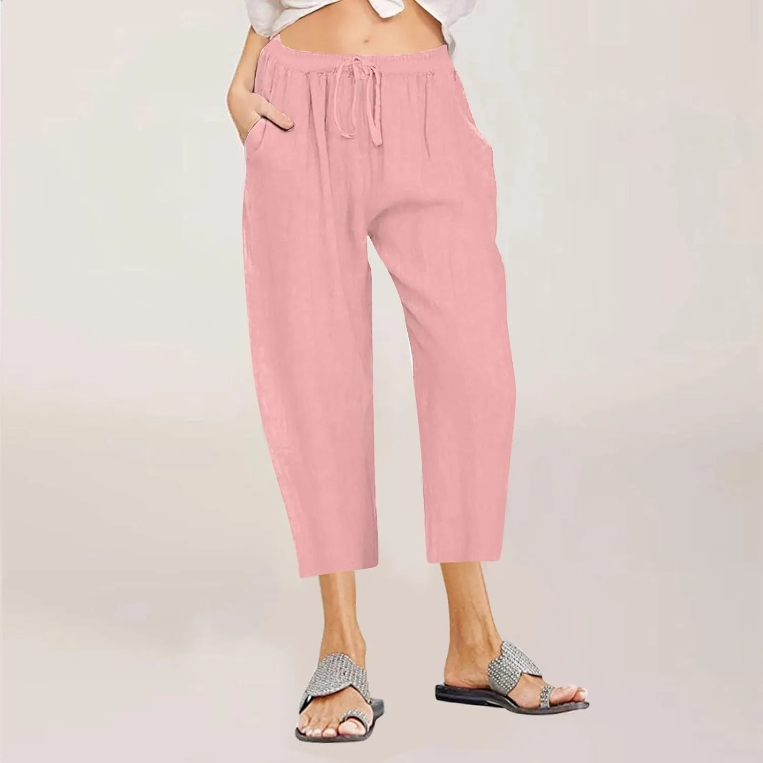 Lmdudan 2025 Women Plus Size Wide Leg Pants Summer Stretchy Drawstring Waist Workout Pants Casual Trousers Pants with Pockets