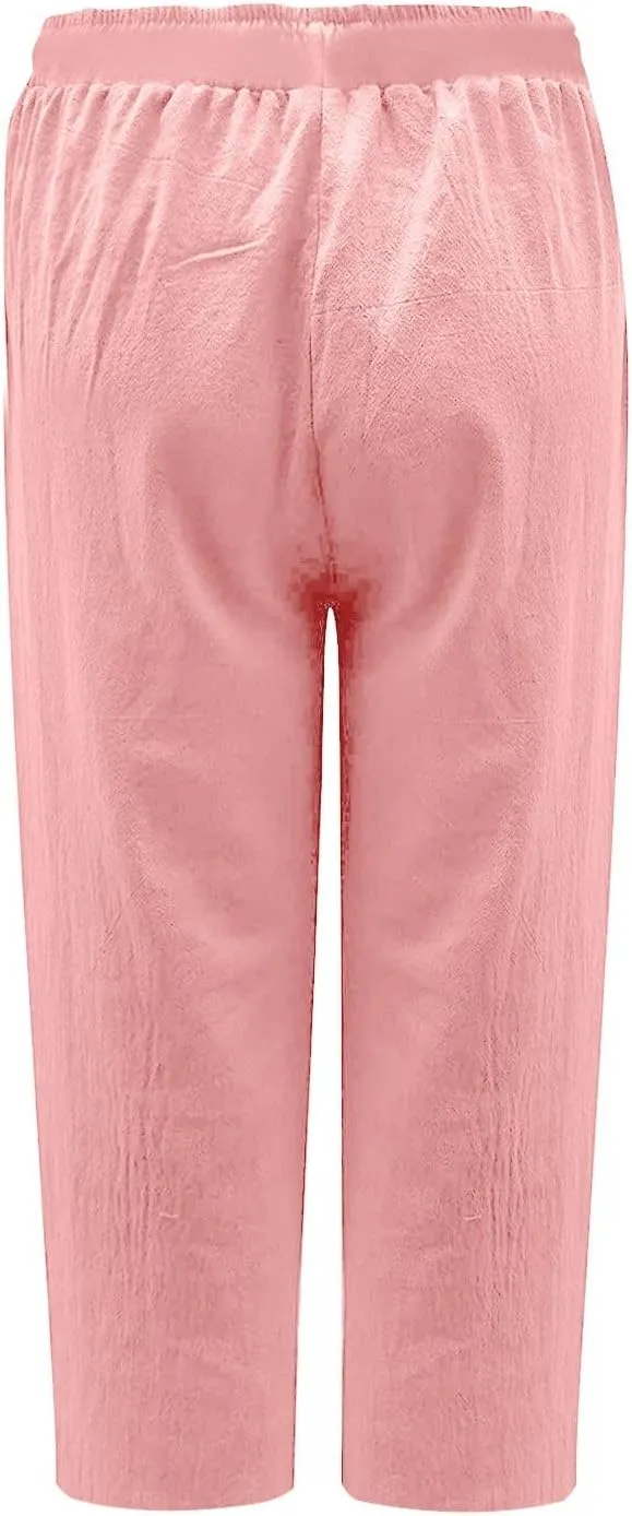 Lmdudan 2025 Women Plus Size Wide Leg Pants Summer Stretchy Drawstring Waist Workout Pants Casual Trousers Pants with Pockets