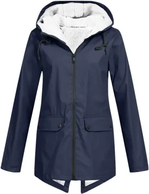 Lmdudan Rain Jacket for Womens Waterproof with Hood Fleece Solid Color Lined Raincoat Lightweight Outdoor Windbreaker Jackets
