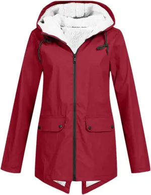 Lmdudan Rain Jacket for Womens Waterproof with Hood Fleece Solid Color Lined Raincoat Lightweight Outdoor Windbreaker Jackets