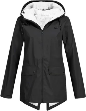 Lmdudan Rain Jacket for Womens Waterproof with Hood Fleece Solid Color Lined Raincoat Lightweight Outdoor Windbreaker Jackets