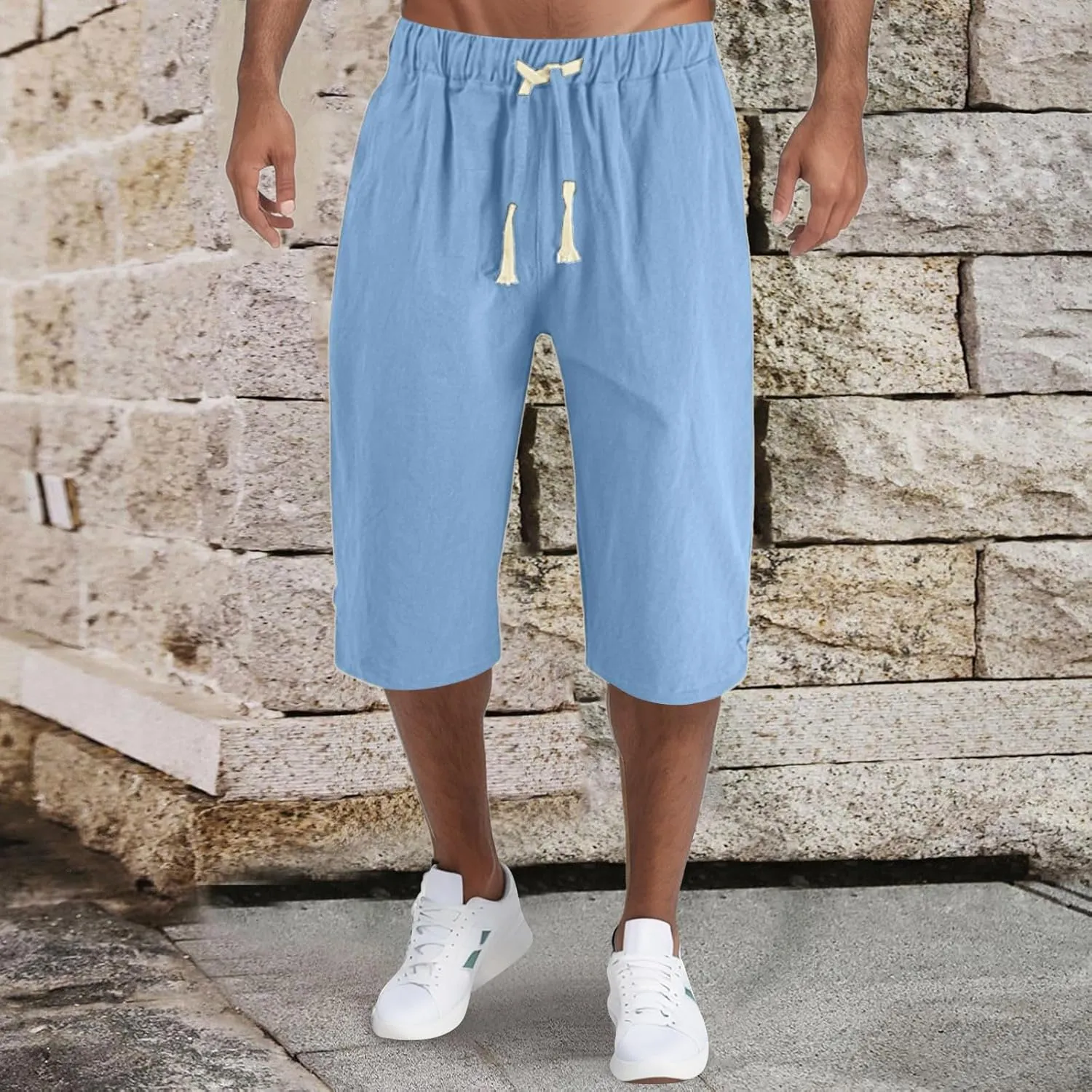 Mens Fashion Casual Simple Solid Color Lumbar Frenum Pants Calf Length Trousers Chinos Pants Men Stretch