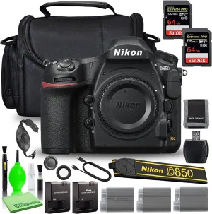 Nikon D850 DSLR Digital Camera Body Only (1585) Bundle with (2) SanDisk 64GB Extreme PRO SD Card   (2) Extra Compatible Batteries and Battery Charger   Large Camera Bag   More