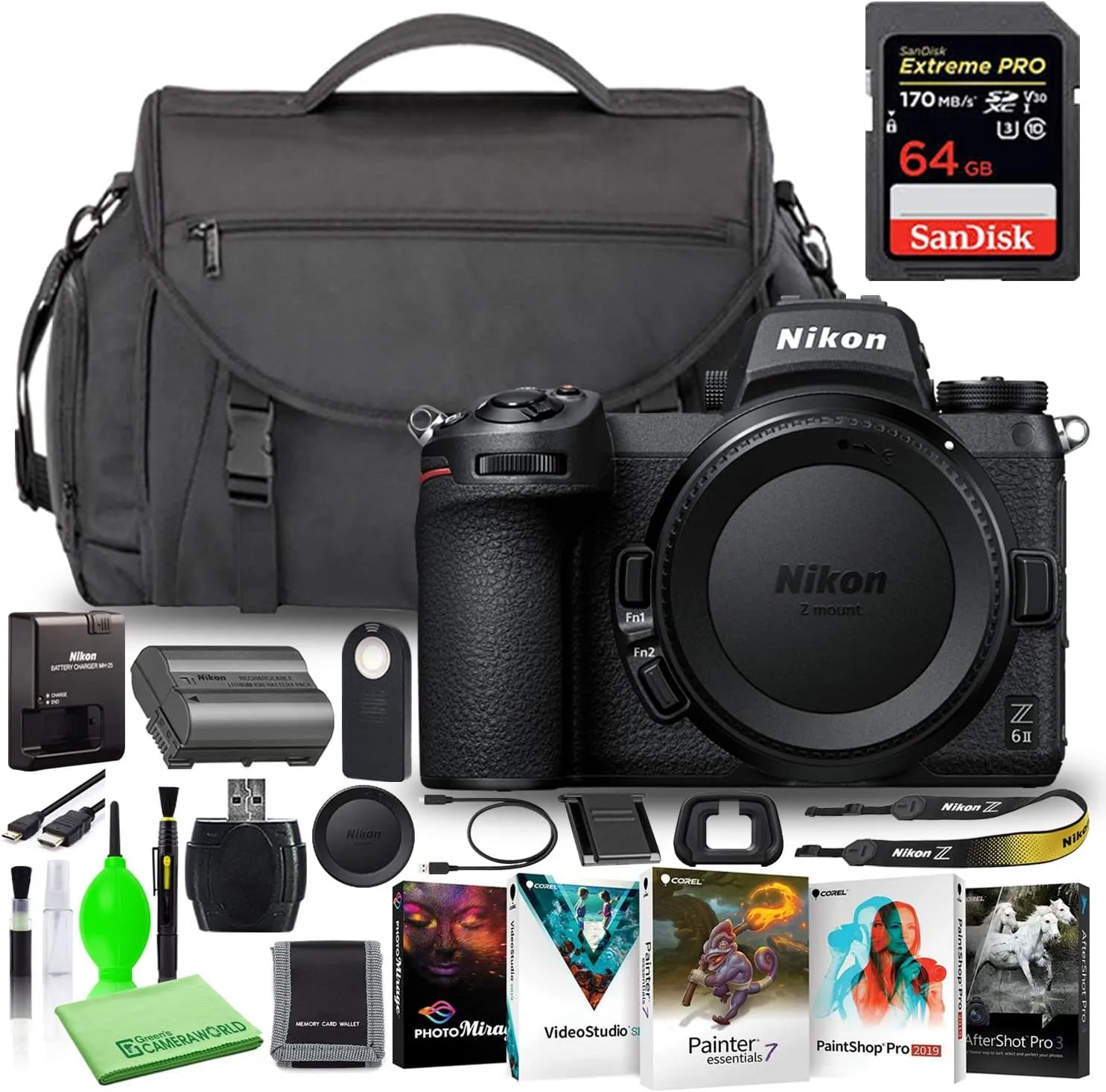 Nikon Z 6II 24.5MP Mirrorless Digital Camera (Body Only) (1659) Deluxe Bundle with High-Speed 64GB Extreme SD Card   Large DSLR Camera Bag   Corel Editing Software   Much More (Renewed)