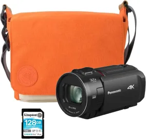 Panasonic VX3 Camcorder with 4K Image Quality, F1.8 Lens, and Ergonomic Design (Black) Bundle with DSLR Camera Bag (Amber) and 128GB SDXC Canvas Go Plus 170MBPS Read Memory Card (3 Items)