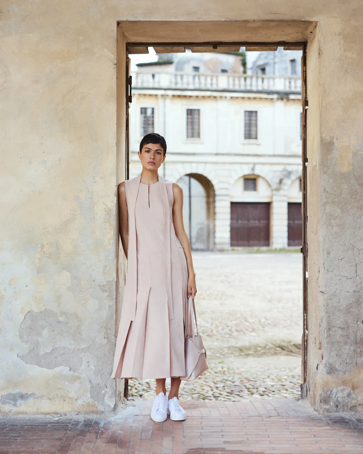 Pleated Midi Dress in a Linen Wool Blend