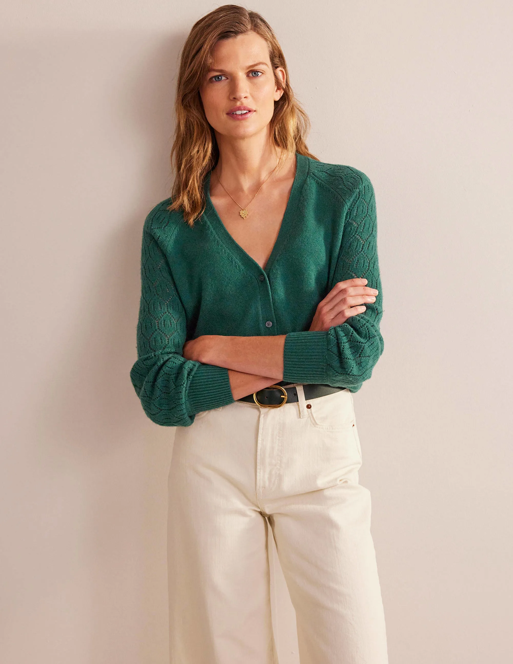 Pointelle Sleeve Cardigan-Emerald Night
