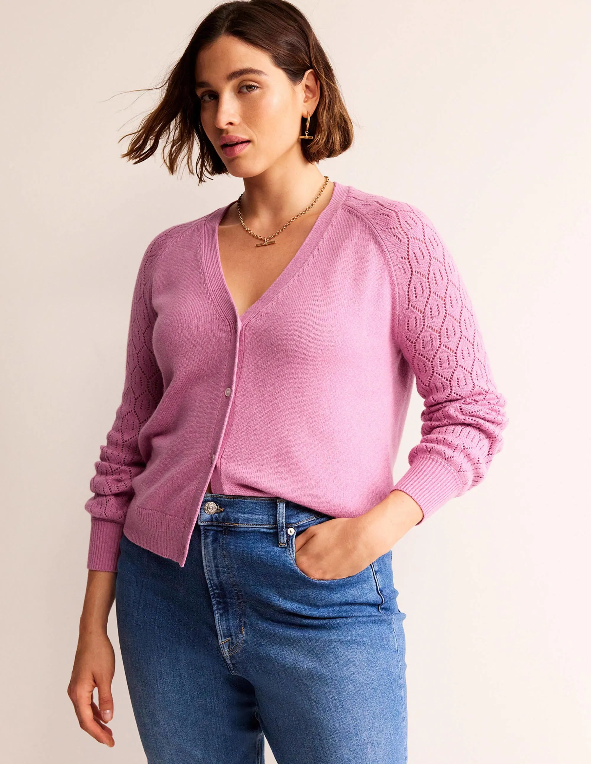 Pointelle Sleeve Cardigan-Strawberry Sherbet