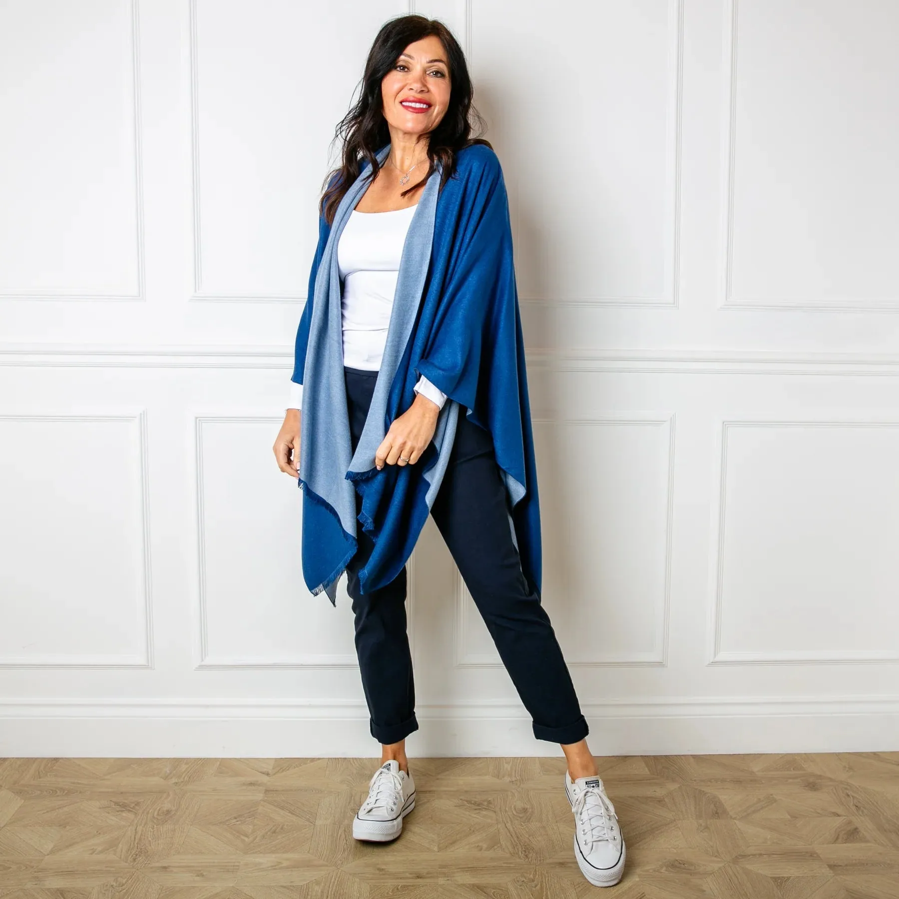Powder Blue & Cadet Tess Reversible Poncho Wrap by Tilley & Grace