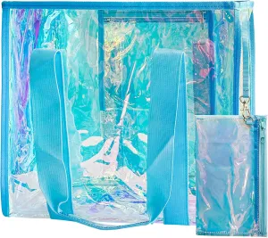 PVC Waterproof Holographic Colorful Tote Handbag with Small Mobile Phone Bag for Beach, Travel and Shopping0.4MM