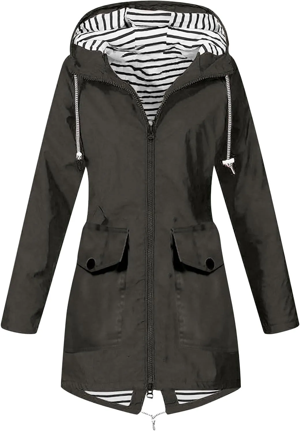 Rain Jacket Women Striped Lined Rain Jacket Lightweight Zip Up Rain Jacket Mid Length Windbreaker Plus Size Raincoat