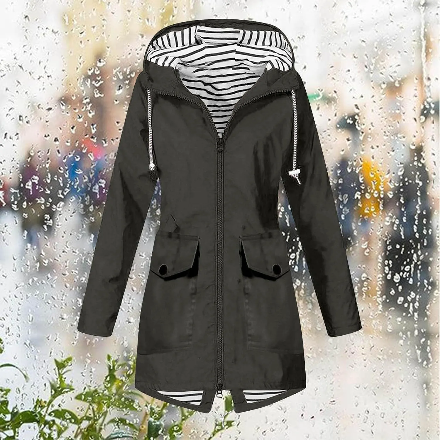 Rain Jacket Women Striped Lined Rain Jacket Lightweight Zip Up Rain Jacket Mid Length Windbreaker Plus Size Raincoat