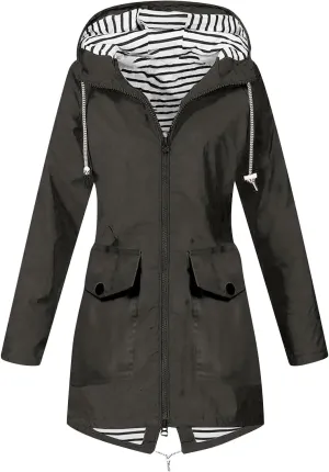 Rain Jacket Women Striped Lined Rain Jacket Lightweight Zip Up Rain Jacket Mid Length Windbreaker Plus Size Raincoat