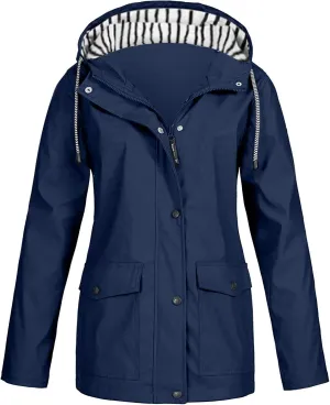 Rain Jackets for Women Windbreaker Waterproof Outdoor Srtiped Lined Coats with Hood Lightweight Raincoat with Pockets