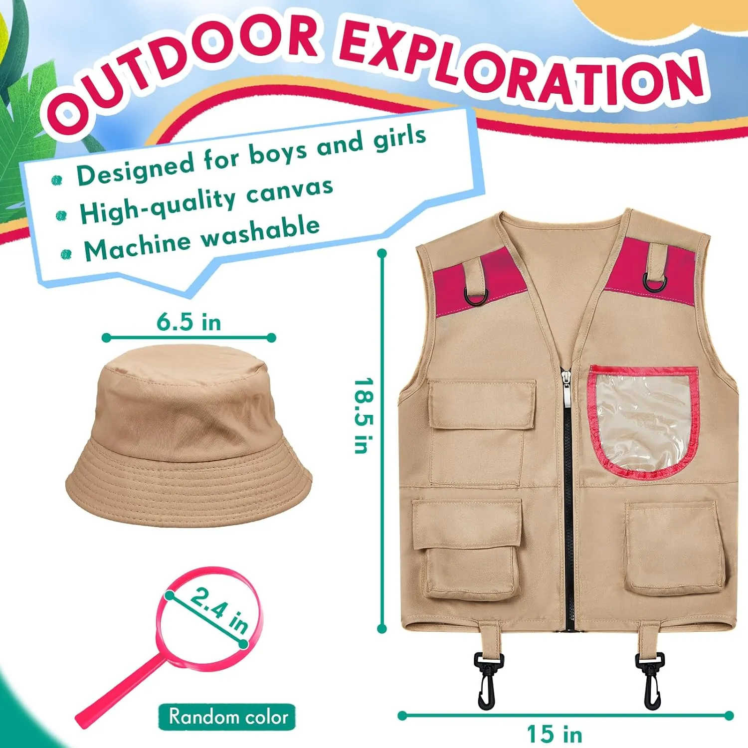 Ramede Kids Safari Explorer Vest and Hat Costume Fishing Adventure Camping Vest for Boy Girls Toddler Outfit(Stylish,Pink)