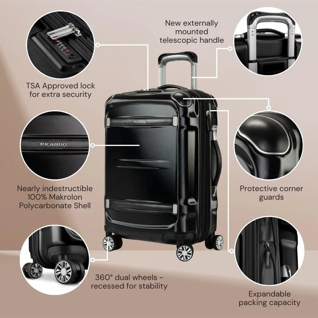 Ricardo Beverly Hills Rodeo Drive 2.0 Hardside 4 Wheel Spinner, TSA Lock, Lightweight Suitcase, Unisex, Stylish, Black, 21-Inch Carry-On