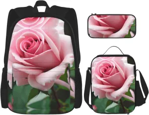 Rose Blossom Print Travel Backpack For Women 3-Piece Set With Insulated Lunch Box,For Outdoor Travel