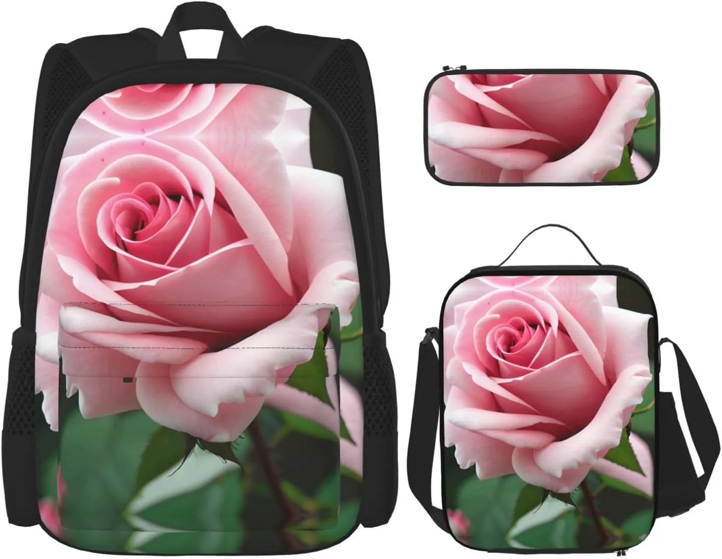 Rose Blossom Print Travel Backpack For Women 3-Piece Set With Insulated Lunch Box,For Outdoor Travel