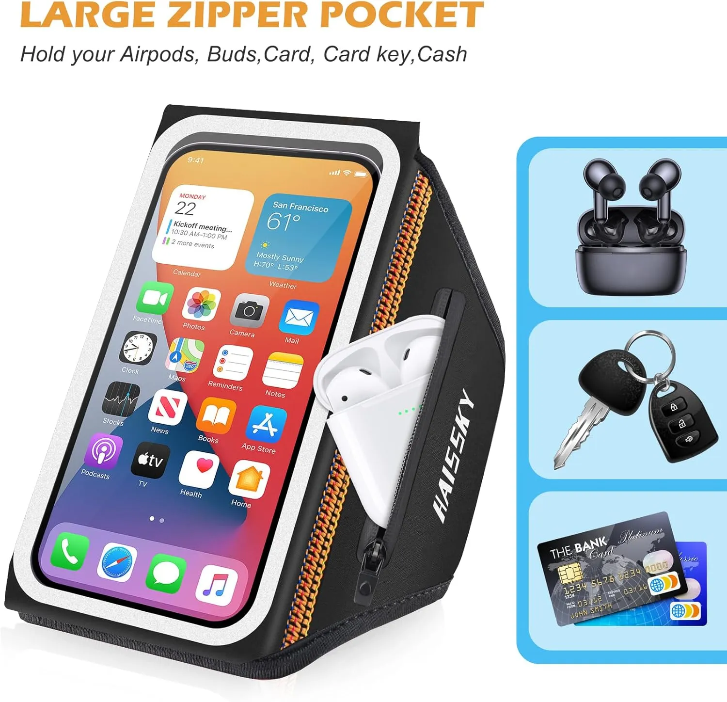 Running Phone Armband with Earphone Holder - 3D Design Cell Phones Armband for iPhone 16/15/13 Pro/Plus & S24/S20, Water Resistant Sports Holder with Key Slot - Ideal for 6.9" Phones