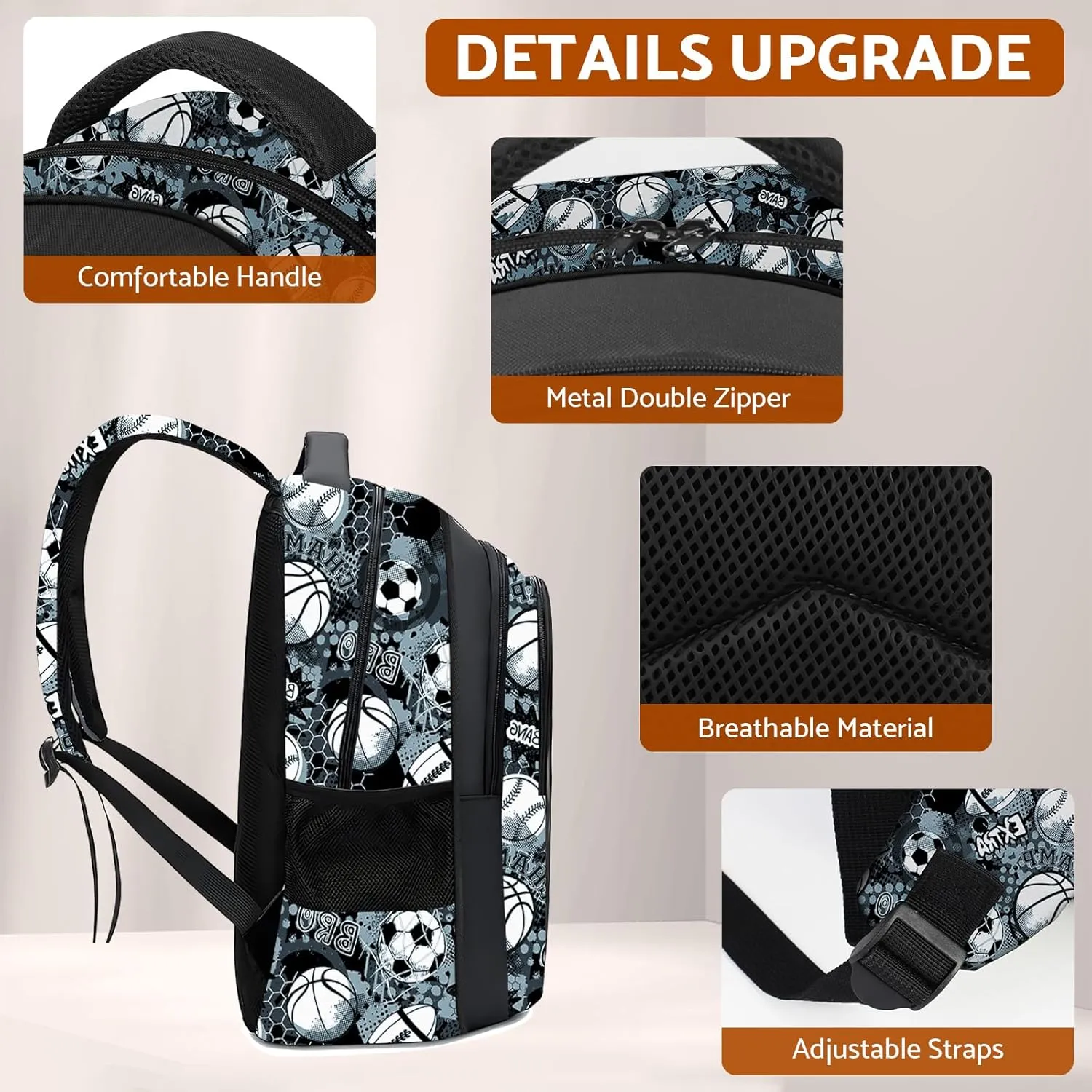 School Backpack for Boys - 4pcs American Football Boys Backpack with Lunch Box Set for Kids Children Teens Elementary Middle School - 17 Sport Bookbag Travel Back Pack for Age 6-18