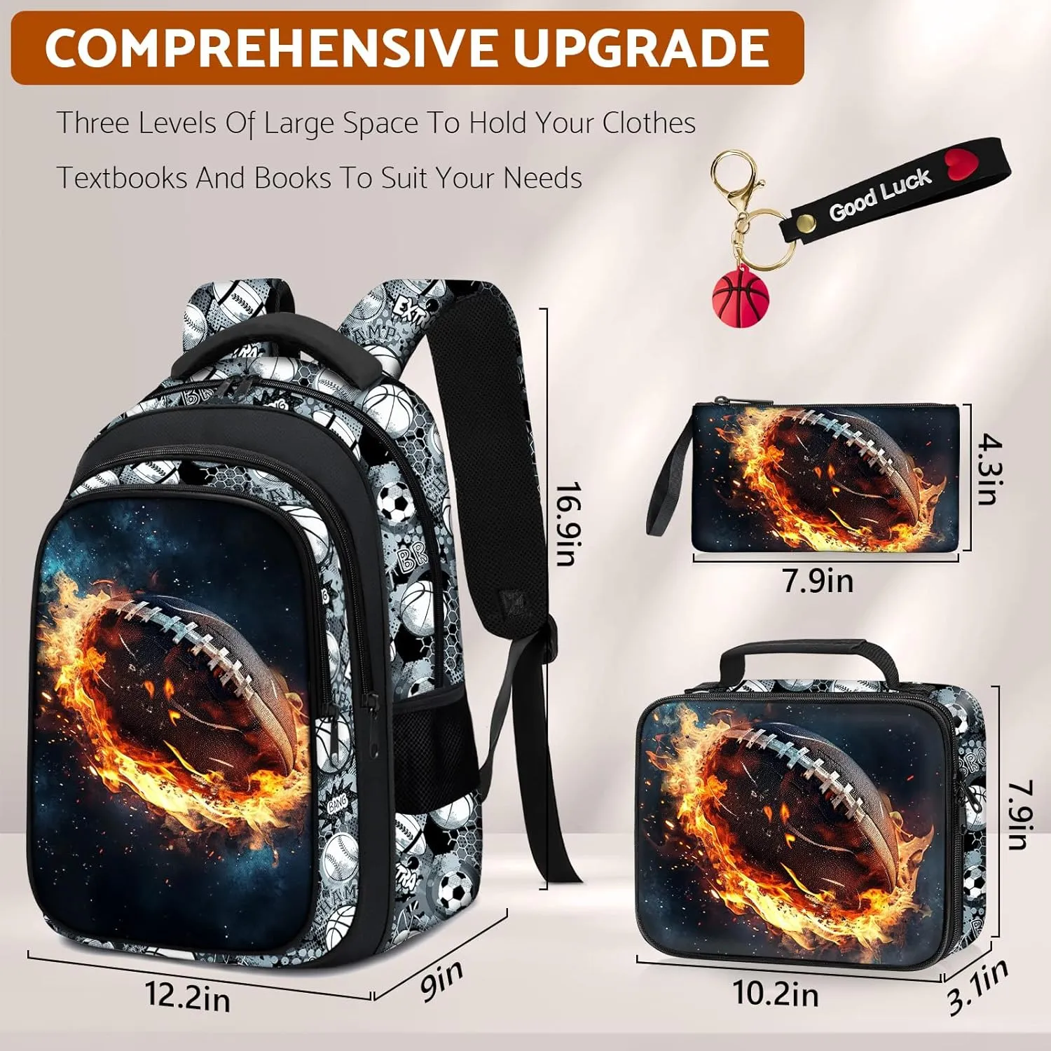 School Backpack for Boys - 4pcs American Football Boys Backpack with Lunch Box Set for Kids Children Teens Elementary Middle School - 17 Sport Bookbag Travel Back Pack for Age 6-18