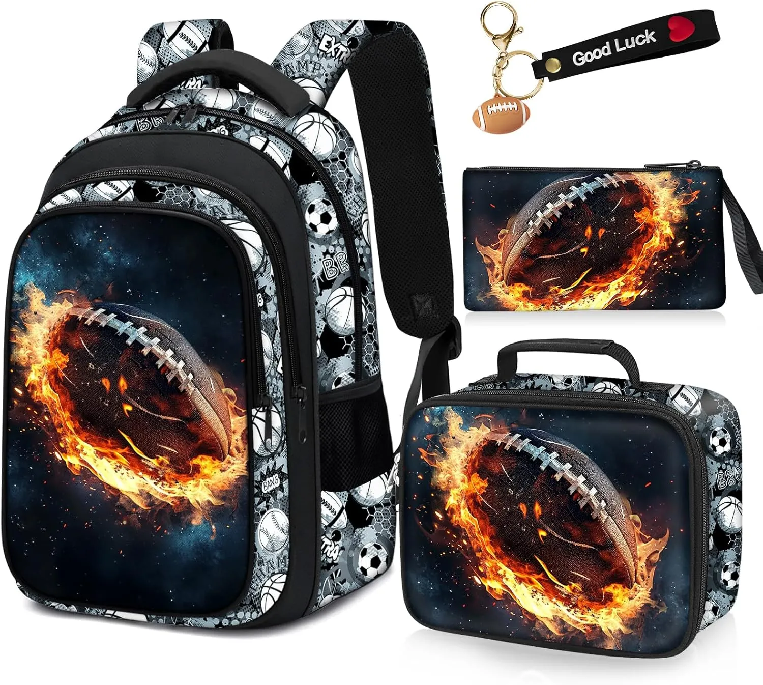 School Backpack for Boys - 4pcs American Football Boys Backpack with Lunch Box Set for Kids Children Teens Elementary Middle School - 17 Sport Bookbag Travel Back Pack for Age 6-18