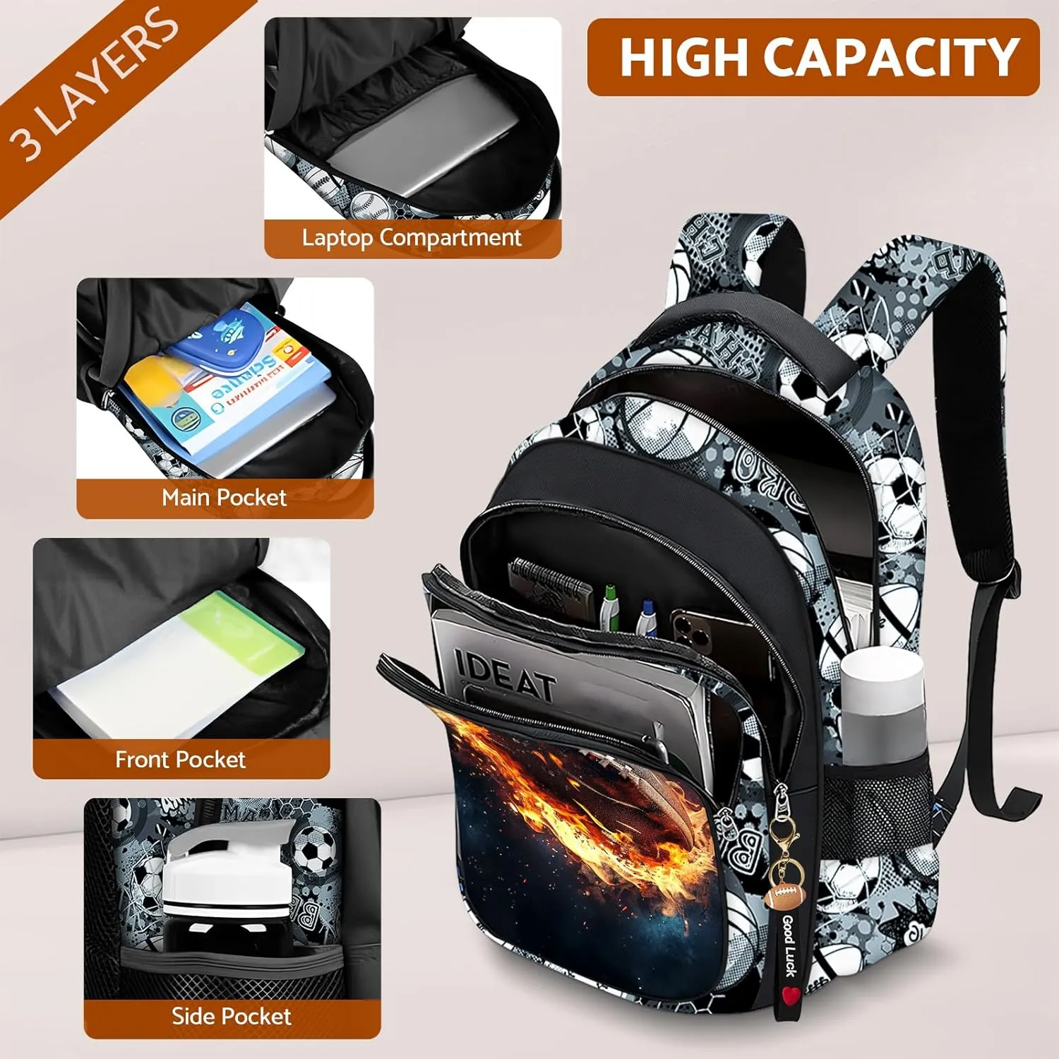 School Backpack for Boys - 4pcs American Football Boys Backpack with Lunch Box Set for Kids Children Teens Elementary Middle School - 17 Sport Bookbag Travel Back Pack for Age 6-18