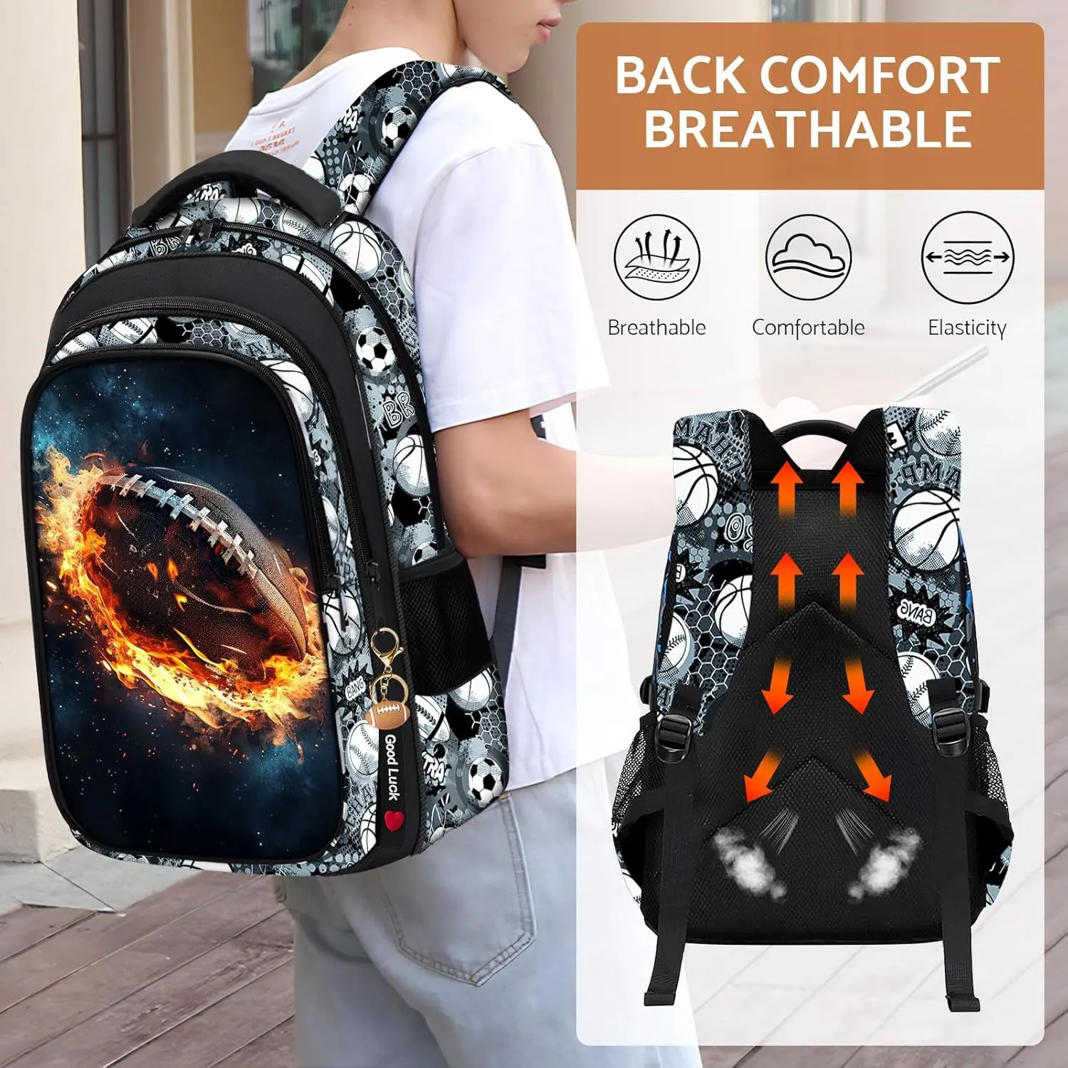 School Backpack for Boys - 4pcs American Football Boys Backpack with Lunch Box Set for Kids Children Teens Elementary Middle School - 17 Sport Bookbag Travel Back Pack for Age 6-18