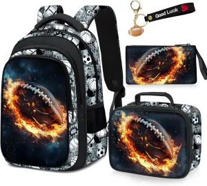 School Backpack for Boys - 4pcs American Football Boys Backpack with Lunch Box Set for Kids Children Teens Elementary Middle School - 17 Sport Bookbag Travel Back Pack for Age 6-18
