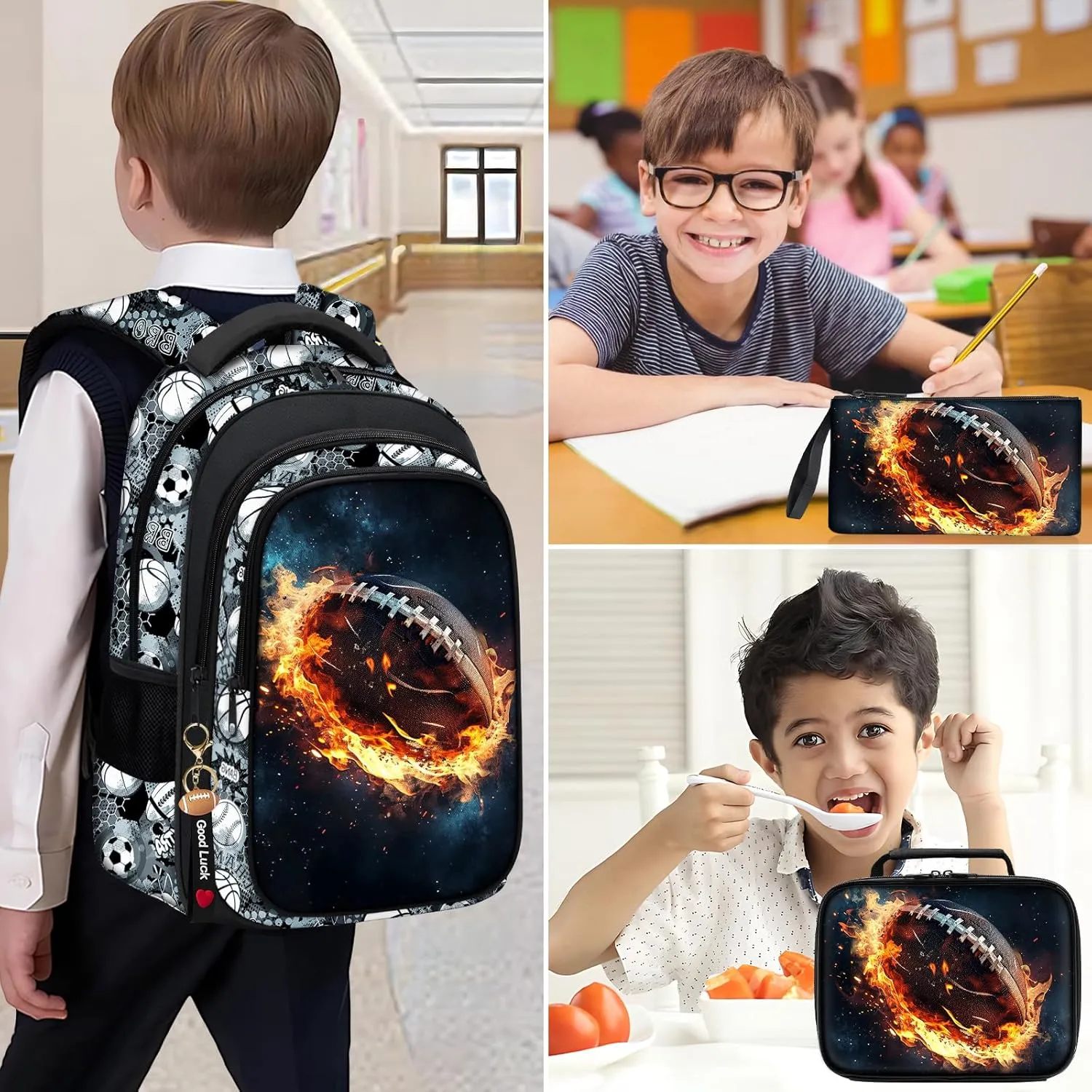 School Backpack for Boys - 4pcs American Football Boys Backpack with Lunch Box Set for Kids Children Teens Elementary Middle School - 17 Sport Bookbag Travel Back Pack for Age 6-18
