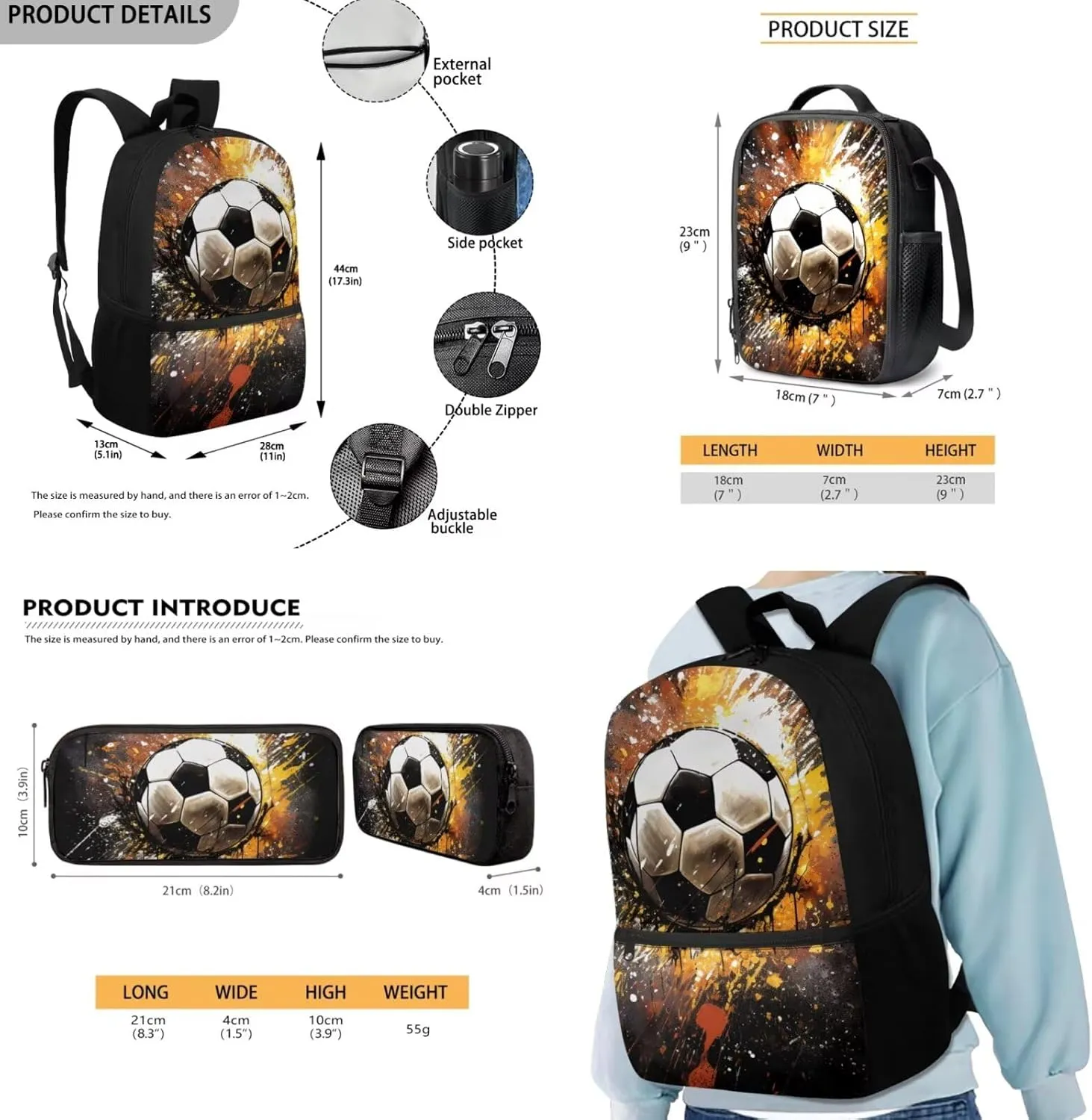 Soccer Backpack for Boys 5-6 6-8 Cool School Bag for Toddler with Lunch Box and Large Pencil Case Middle School Bookbag for Teen Ages 14-16 Outdoor Sport Daypack 3 in 1