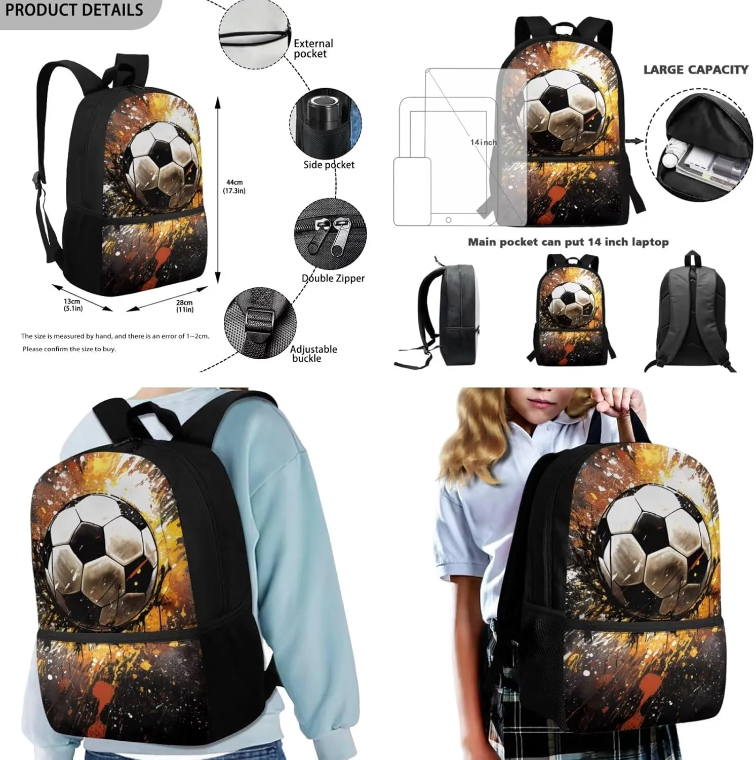 Soccer Backpack for Boys 5-6 6-8 Cool School Bag for Toddler with Lunch Box and Large Pencil Case Middle School Bookbag for Teen Ages 14-16 Outdoor Sport Daypack 3 in 1