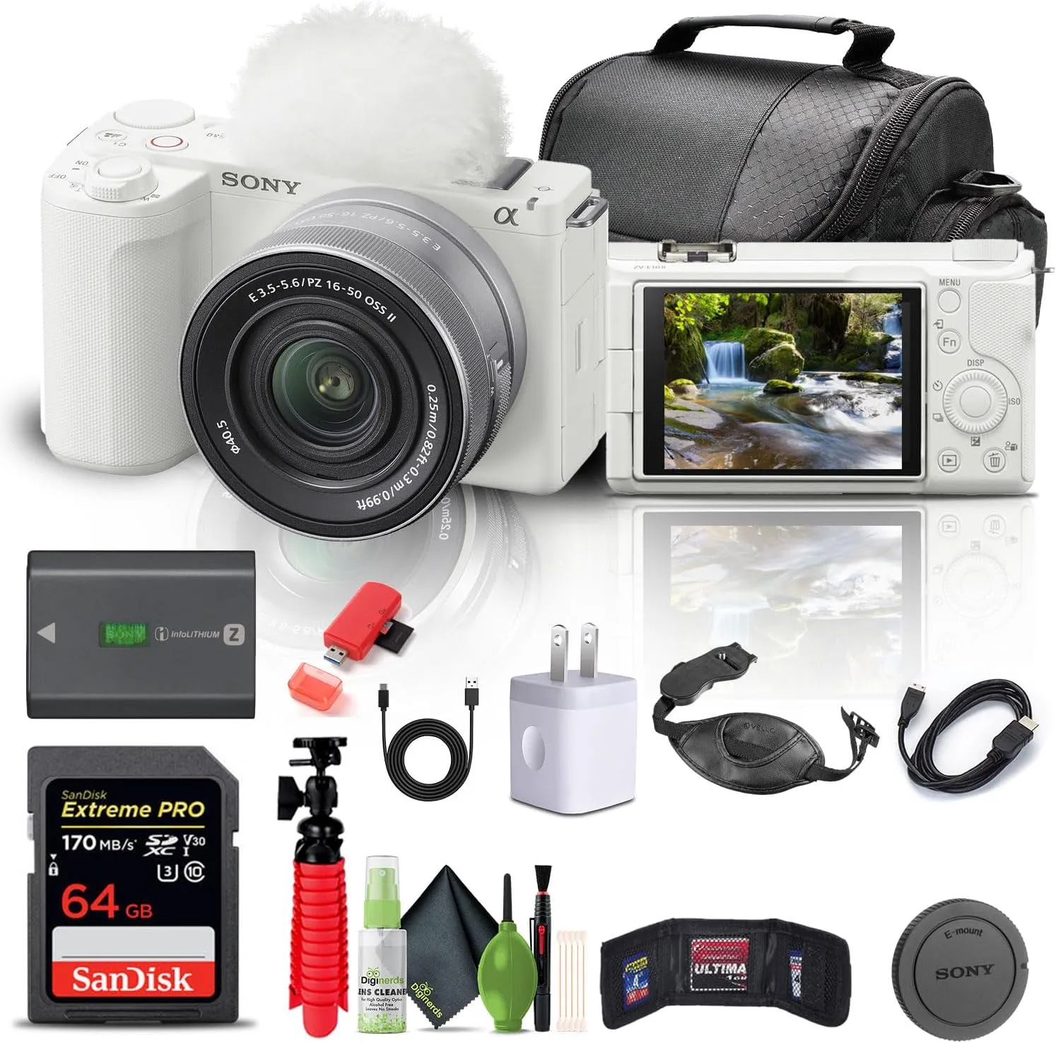 Sony Alpha ZV-E10 II Mirrorless Camera with 16-50mm Lens (White) (ZVE10M2KW)   64GB Memory Card   Bag   Card Reader   HDMI Cable   Flex Tripod   Hand Strap   Memory Wallet   Cleaning Kit (Renewed)