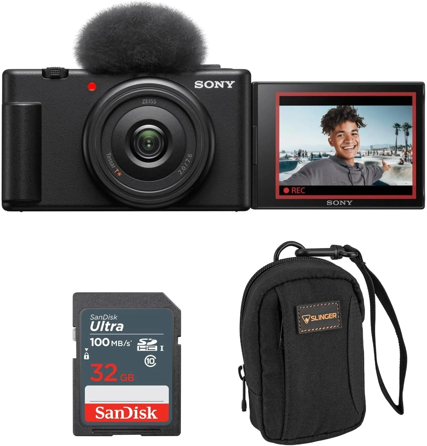 Sony ZV-1F Vlogging Camera, Black, Bundle with SanDisk 32GB SD Card, Camera Bag for Point and Shoot Camera and Accessories, Complete Sony Digital Vlog Camera Kit